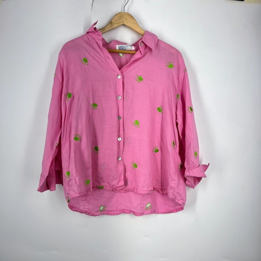 Casey Coleman Womens Pink Linen Embroidered Button Down Shirt Size L